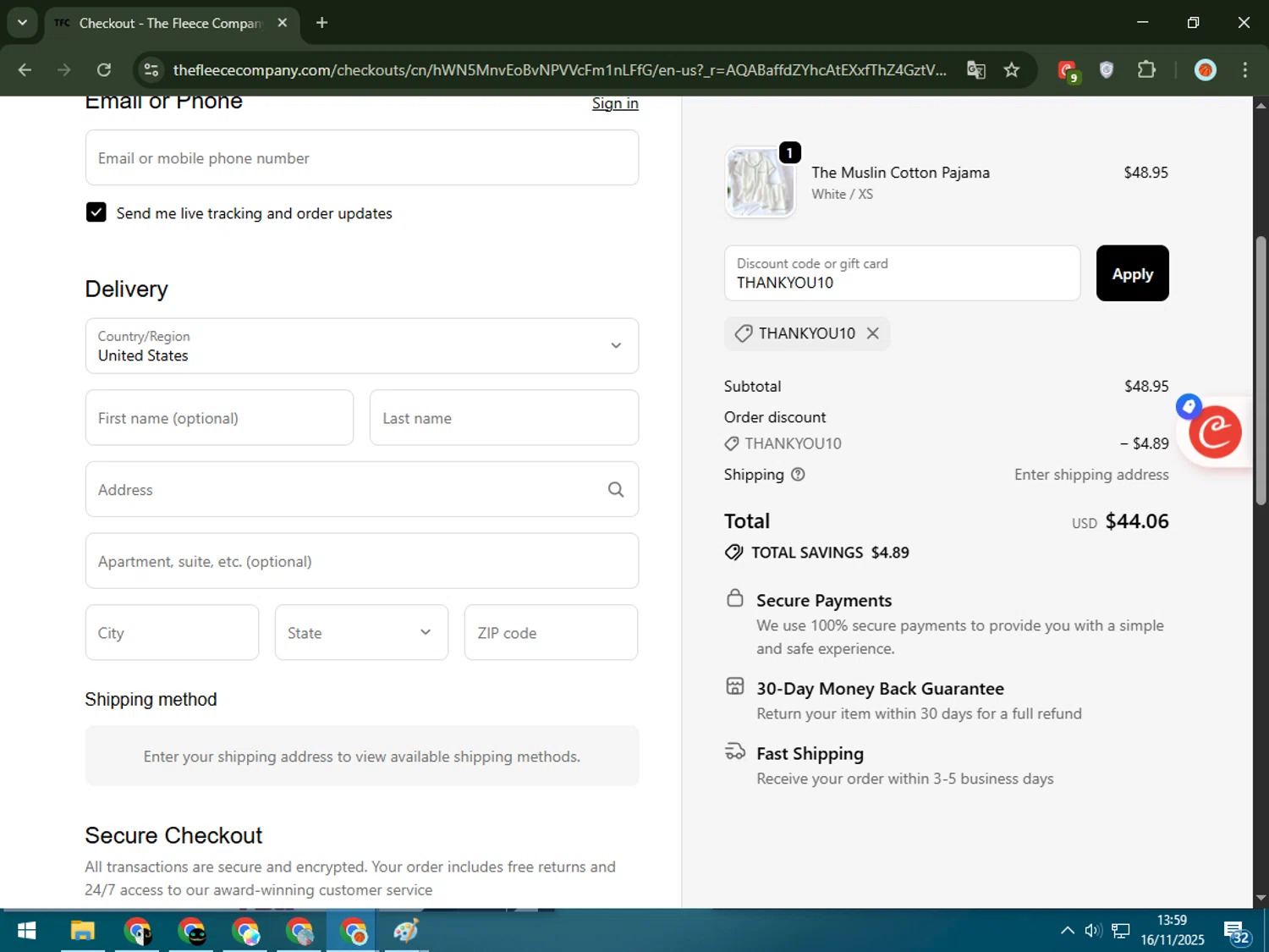 The Fleece Company promo code screenshot showing code THANKYOU10 applied at The Fleece Company checkout page. Uploaded by SimplyCodes community member RewardPilot7235 on Nov 16, 2025