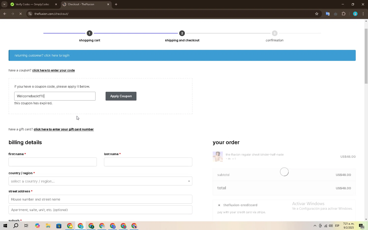 The Fluxion coupon code screenshot showing code Welcomebacktf10 applied at The Fluxion checkout page. Uploaded by SimplyCodes community member GC_EJOSE on Feb 9, 2025