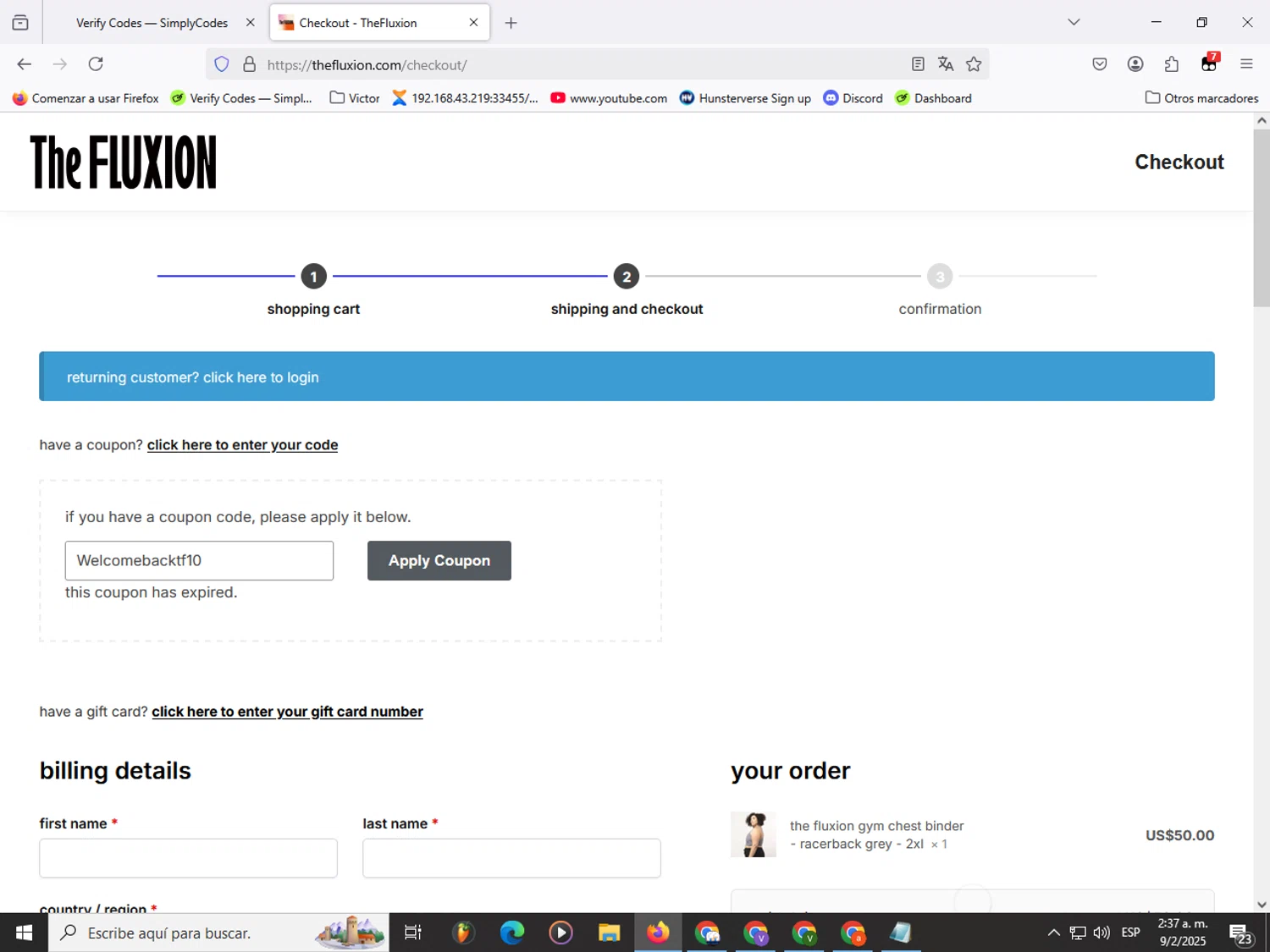 The Fluxion coupon code screenshot showing code Welcomebacktf10 applied at The Fluxion checkout page. Uploaded by SimplyCodes community member Garou_Y2K on Feb 9, 2025