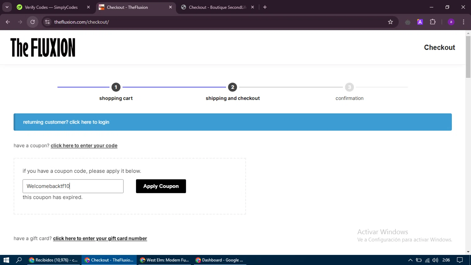 The Fluxion coupon code screenshot showing code Welcomebacktf10 applied at The Fluxion checkout page. Uploaded by SimplyCodes community member thethru on Feb 9, 2025