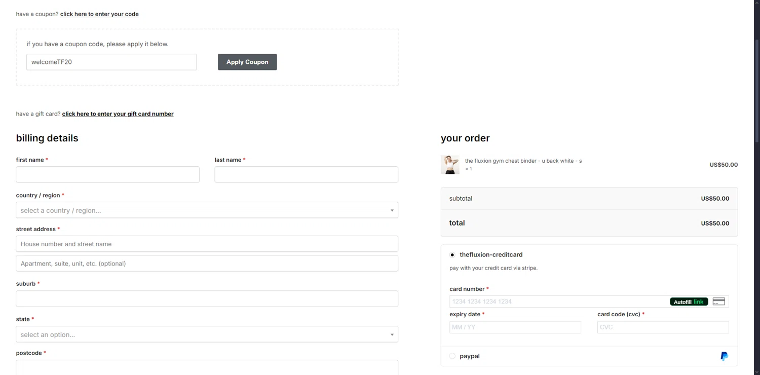 The Fluxion coupon code screenshot showing code welcomeTF20 applied at The Fluxion checkout page. Uploaded by SimplyCodes community member aquilesbailo on Dec 28, 2024