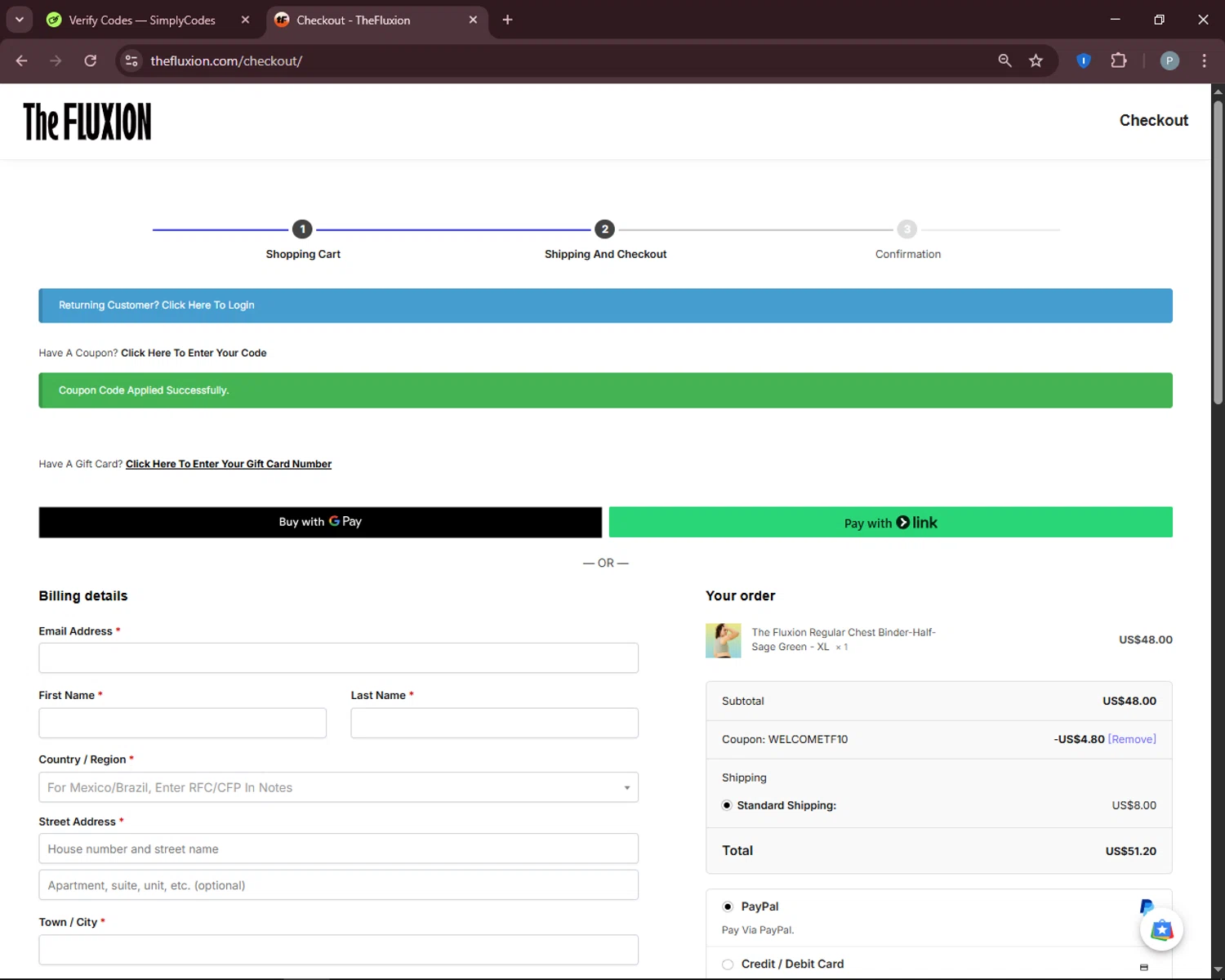 The Fluxion coupon code screenshot showing code WELCOMETF10 applied at The Fluxion checkout page. Uploaded by SimplyCodes community member DiscountEagle6247 on Jun 27, 2025