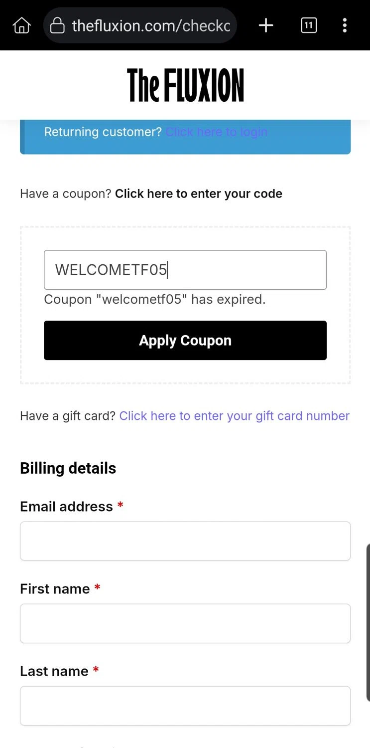 The Fluxion coupon code screenshot showing code WELCOMETF05 applied at The Fluxion checkout page. Uploaded by SimplyCodes community member Carloslvz on Jan 6, 2026