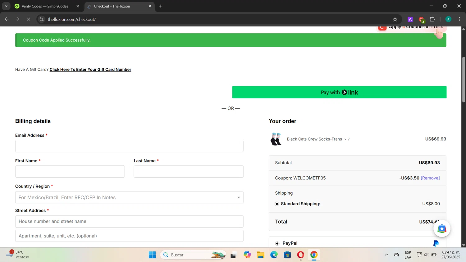 The Fluxion coupon code screenshot showing code WELCOMETF05 applied at The Fluxion checkout page. Uploaded by SimplyCodes community member CouponSentinel181 on Jun 27, 2025