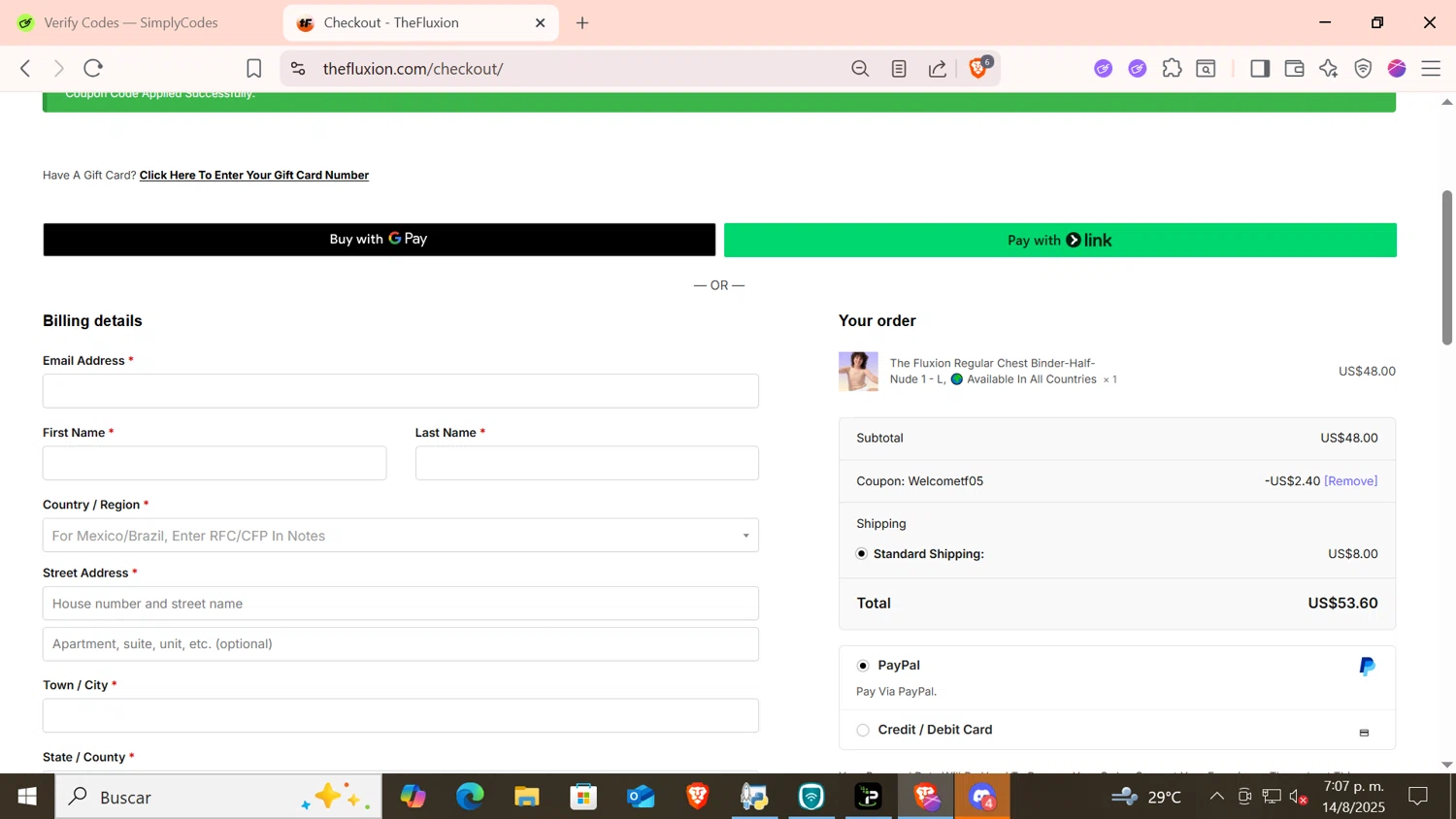 The Fluxion coupon code screenshot showing code WELCOMETF05 applied at The Fluxion checkout page. Uploaded by SimplyCodes community member CODMOBILE1 on Aug 14, 2025