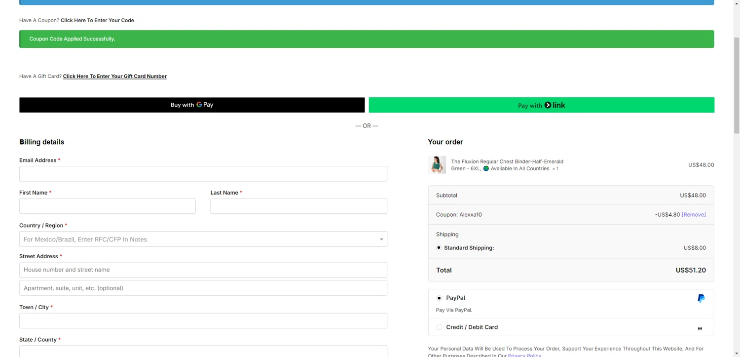 The Fluxion coupon code screenshot showing code ALEXXA10 applied at The Fluxion checkout page. Uploaded by SimplyCodes community member RewardTitan728 on Aug 27, 2025