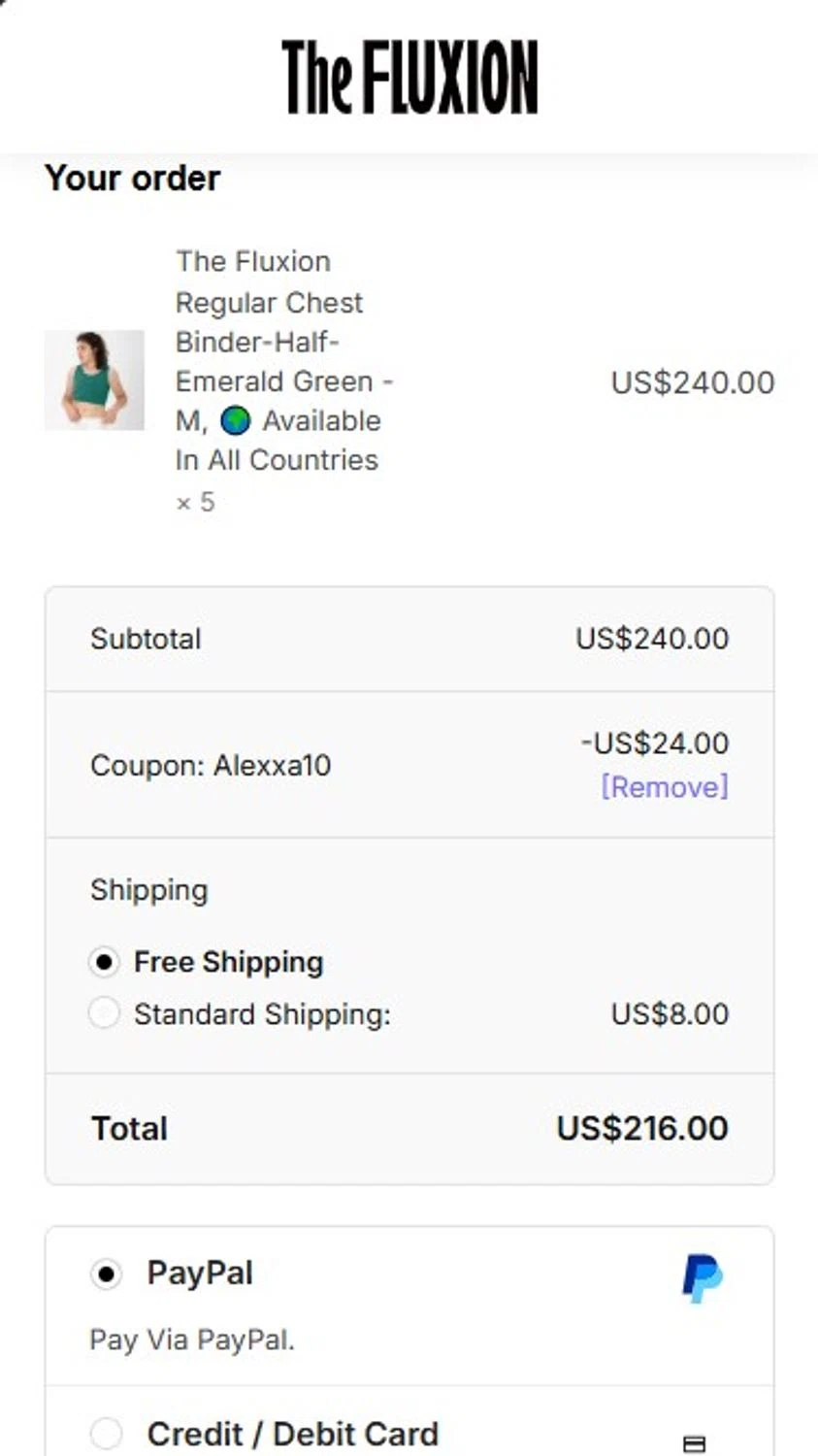 The Fluxion coupon code screenshot showing code ALEXXA10 applied at The Fluxion checkout page. Uploaded by SimplyCodes community member RonaldoM32 on Aug 27, 2025