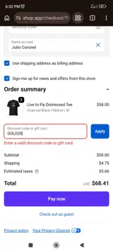The Flying Shop coupon verification screenshot