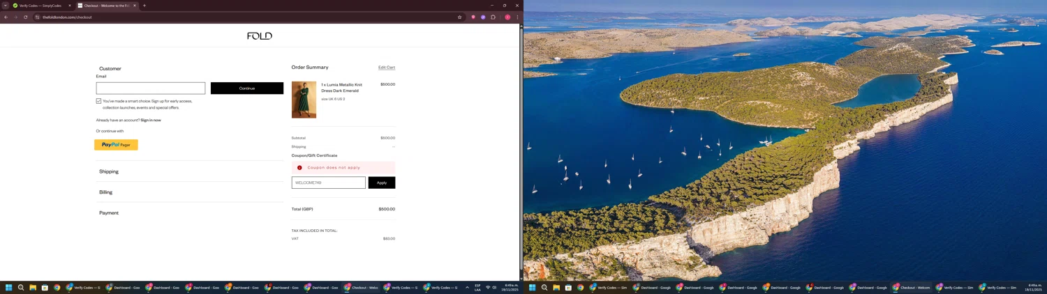 The Fold coupon code screenshot showing code WELCOME749 applied at The Fold checkout page. Uploaded by SimplyCodes community member CouponSage7331 on Nov 19, 2025