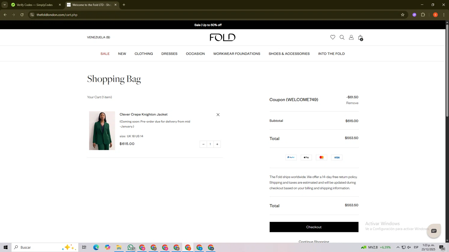 The Fold coupon code screenshot showing code WELCOME749 applied at The Fold checkout page. Uploaded by SimplyCodes community member ScanKnight8857 on Dec 23, 2025