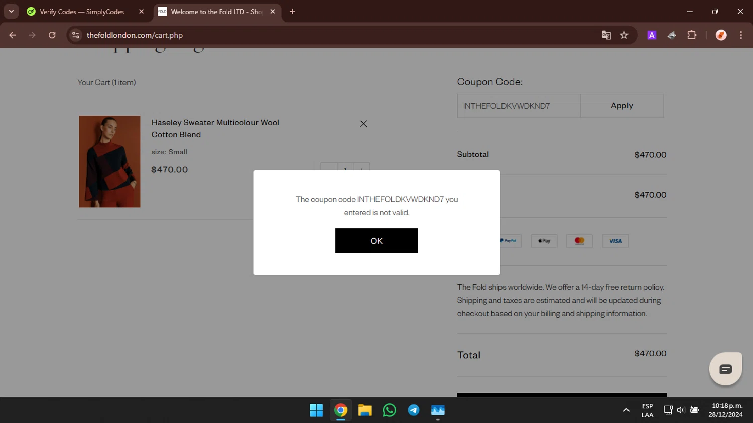 The Fold coupon code screenshot showing code INTHEFOLDKVWDKND7 applied at The Fold checkout page. Uploaded by SimplyCodes community member AbusaGordas on Dec 29, 2024