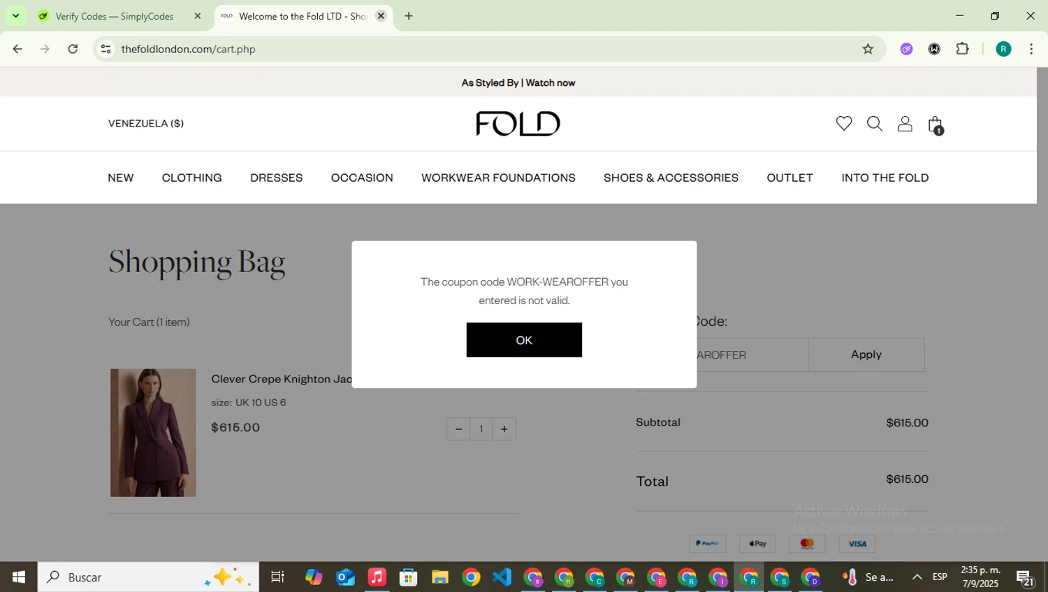 The Fold coupon code screenshot showing code WORK-WEAROFFER applied at The Fold checkout page. Uploaded by SimplyCodes community member SavingsLegend387 on Sep 7, 2025