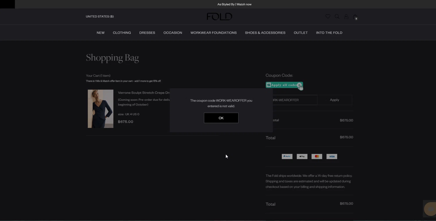 The Fold coupon code screenshot showing code WORK-WEAROFFER applied at The Fold checkout page. Uploaded by SimplyCodes community member lisethchirino on Sep 7, 2025