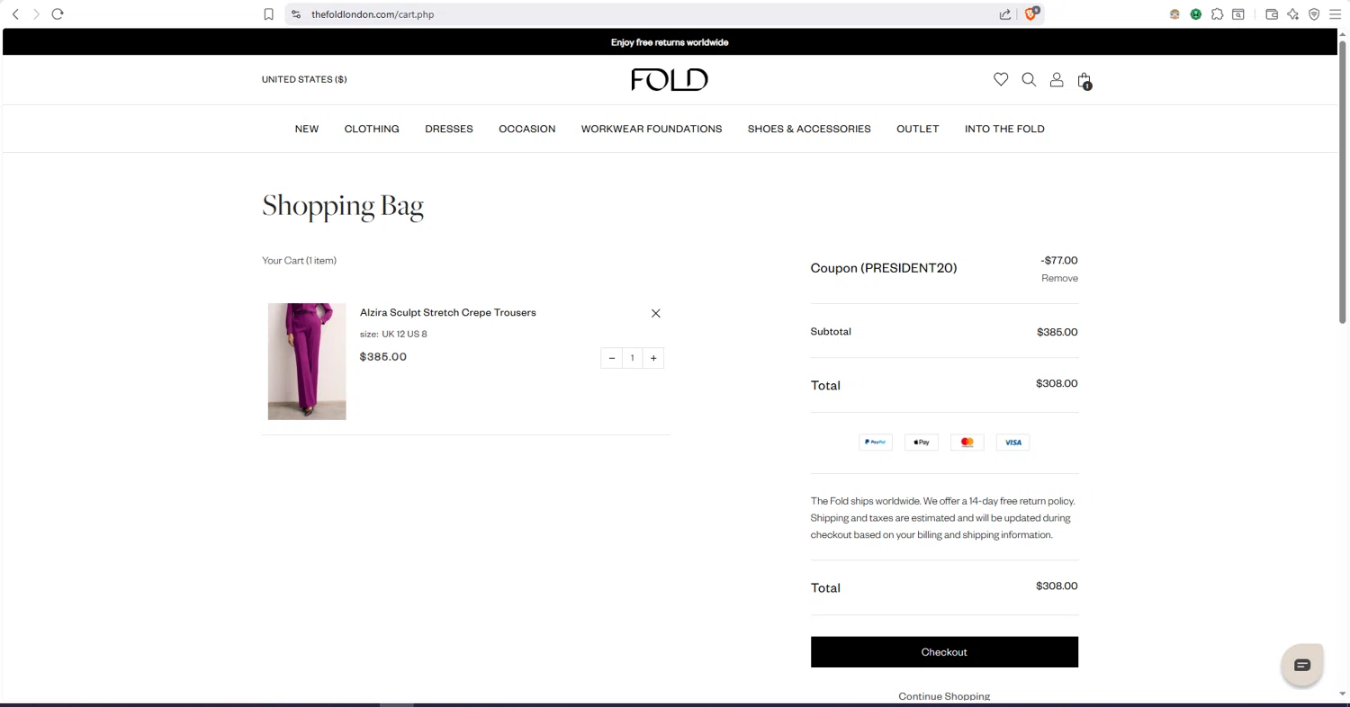 The Fold checkout page showing The Fold coupon code box | Screenshot taken by SimplyCodes community member on Feb 14, 2026