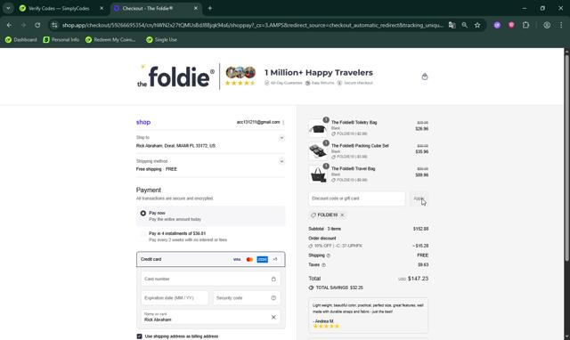 The Foldie checkout page showing The Foldie discount code box | Screenshot taken by SimplyCodes community member on Sep 14, 2025