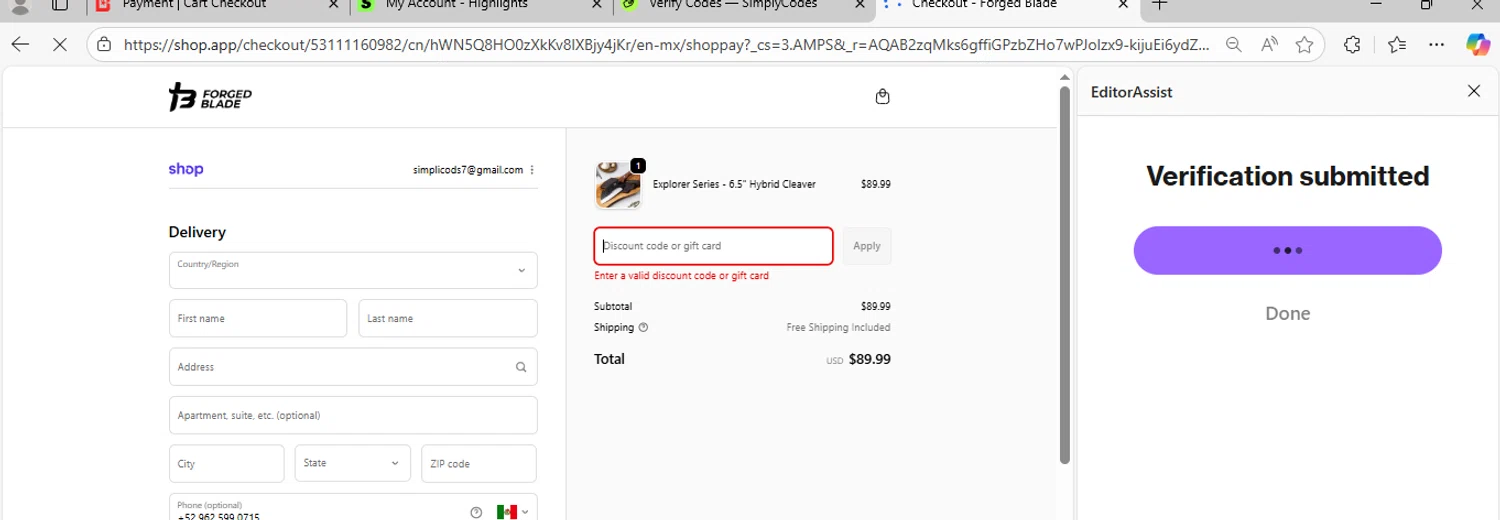 The Forged Blade discount code screenshot showing code ABAN22 applied at The Forged Blade checkout page. Uploaded by SimplyCodes community member MagnificentExpert8147 on Nov 18, 2025