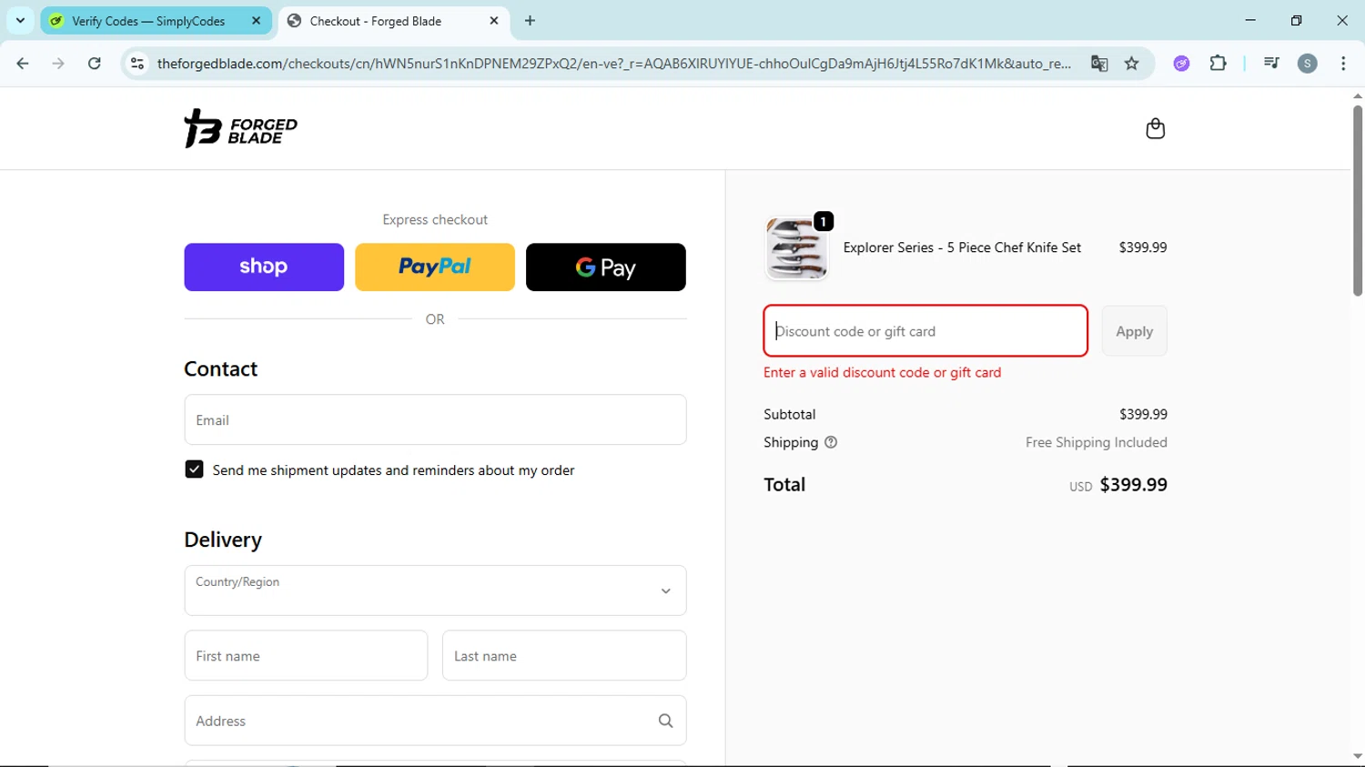 The Forged Blade discount code screenshot showing code PPDE applied at The Forged Blade checkout page. Uploaded by SimplyCodes community member EpicScholar6418 on Nov 28, 2025