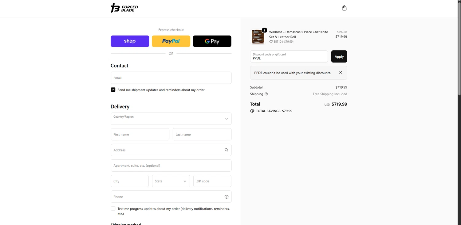 The Forged Blade checkout page showing The Forged Blade discount code box | Screenshot taken by SimplyCodes community member on Nov 25, 2025