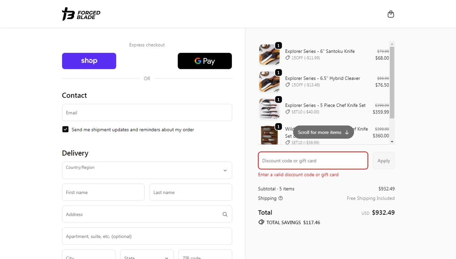 The Forged Blade discount code screenshot showing code PPDE applied at The Forged Blade checkout page. Uploaded by SimplyCodes community member oliveririarte on Nov 28, 2025