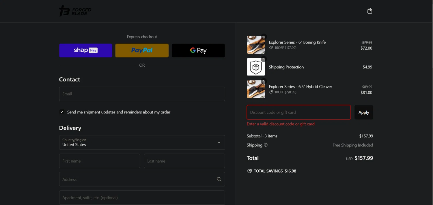 The Forged Blade discount code screenshot showing code MSA applied at The Forged Blade checkout page. Uploaded by SimplyCodes community member Ray_YNN on Feb 7, 2025