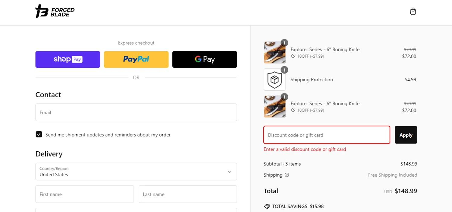 The Forged Blade discount code screenshot showing code MSA applied at The Forged Blade checkout page. Uploaded by SimplyCodes community member RebateSpotter2821 on Feb 7, 2025