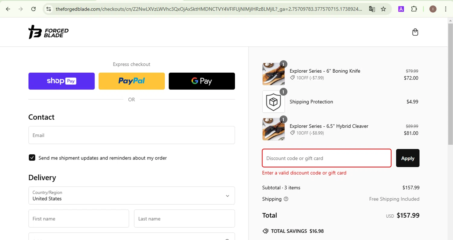 The Forged Blade discount code screenshot showing code MSA applied at The Forged Blade checkout page. Uploaded by SimplyCodes community member EpicKnight6740 on Feb 7, 2025