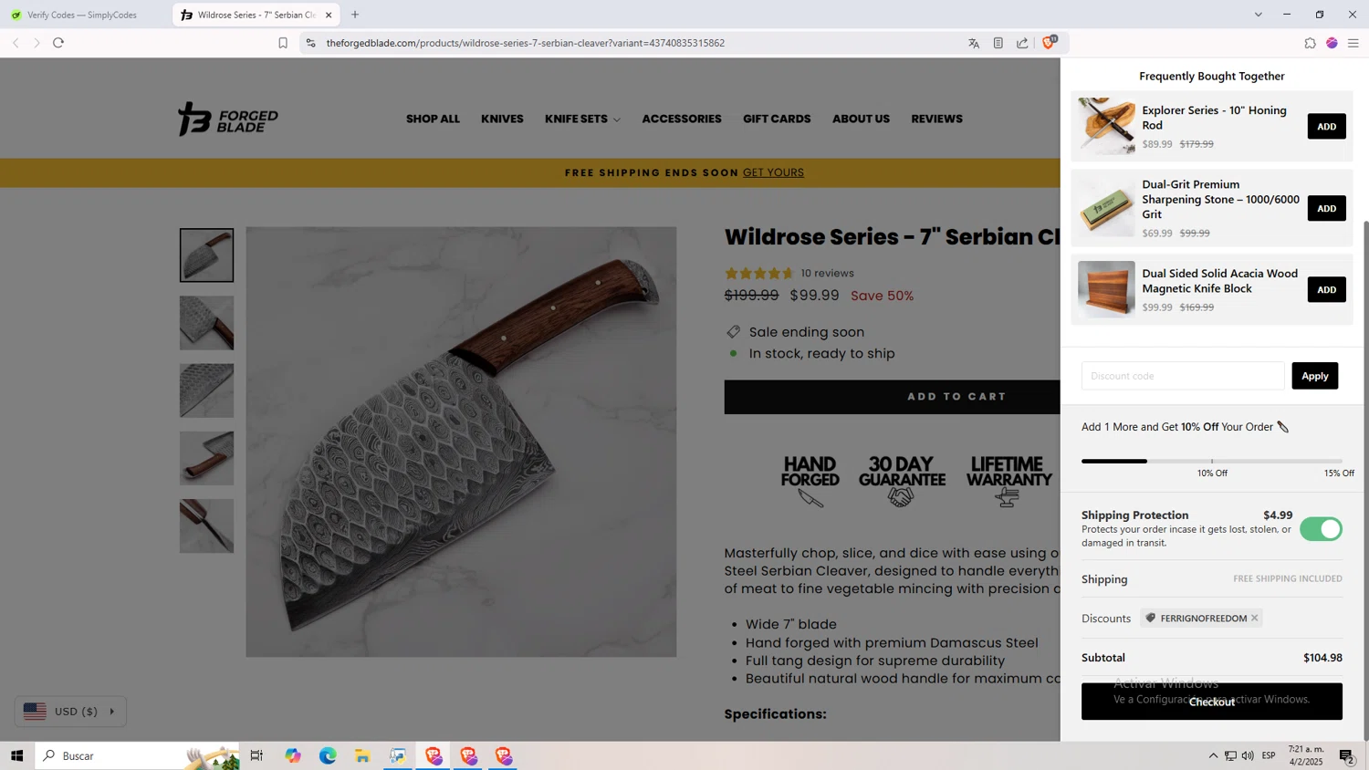 The Forged Blade discount code screenshot showing code FERRIGNOFREEDOM applied at The Forged Blade checkout page. Uploaded by SimplyCodes community member Monitos on Feb 4, 2025