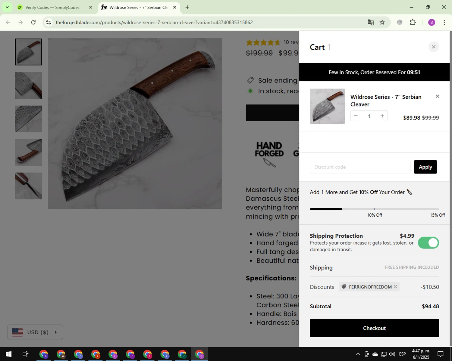 The Forged Blade discount code screenshot showing code FERRIGNOFREEDOM applied at The Forged Blade checkout page. Uploaded by SimplyCodes community member CouponScout7561 on Jan 6, 2025