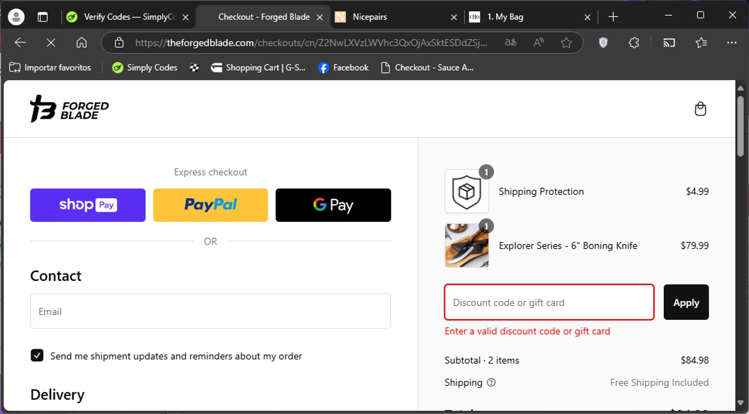 The Forged Blade discount code screenshot showing code GET20 applied at The Forged Blade checkout page. Uploaded by SimplyCodes community member nahhhh on Feb 6, 2025