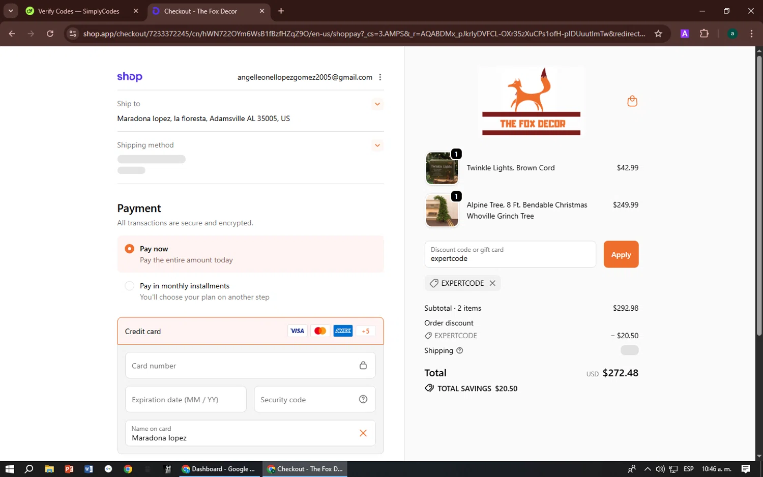 The Fox Decor promo code screenshot showing code expertcode applied at The Fox Decor checkout page. Uploaded by SimplyCodes community member zizu55 on Dec 30, 2025