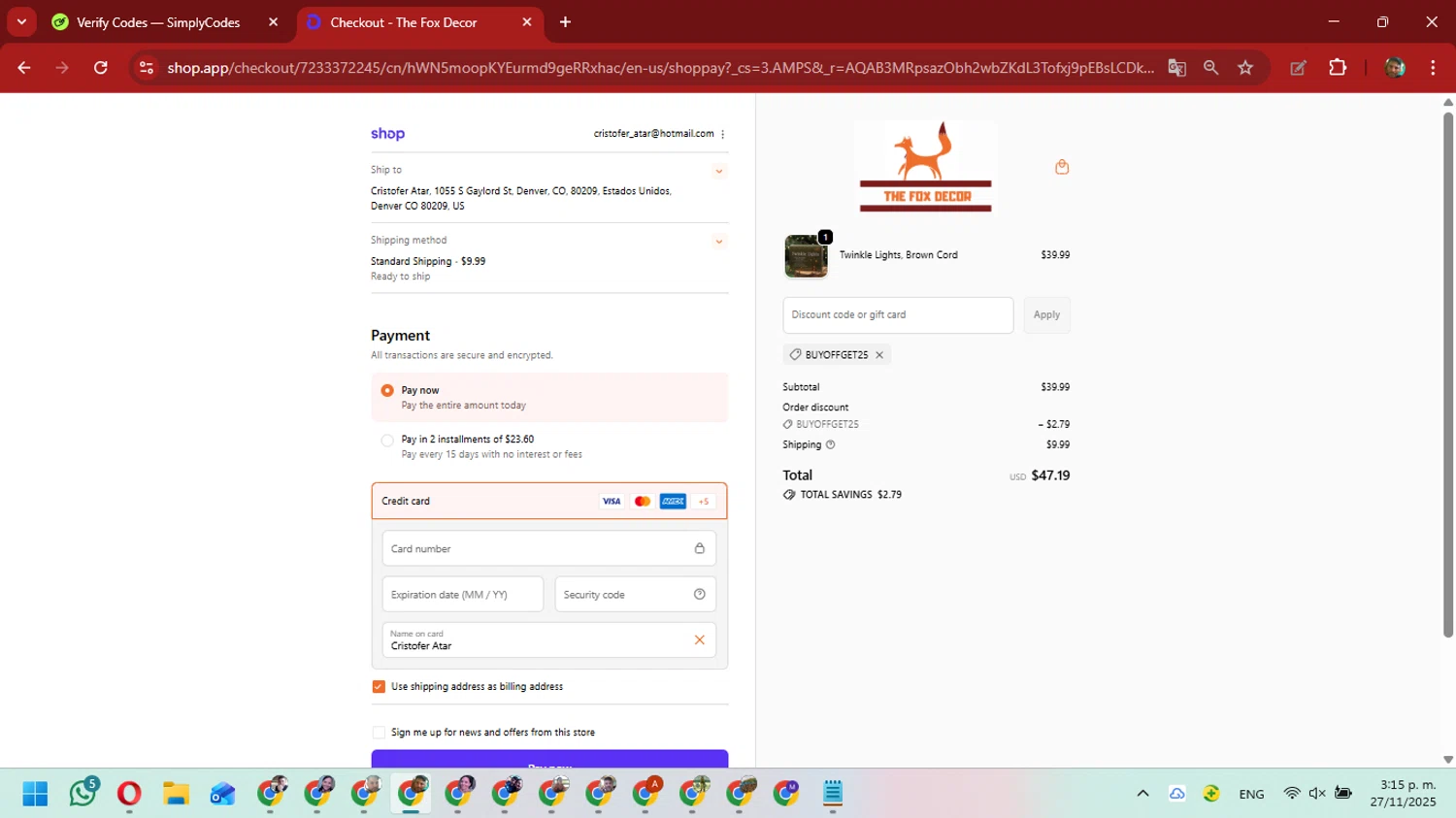 The Fox Decor promo code screenshot showing code buyoffget25 applied at The Fox Decor checkout page. Uploaded by SimplyCodes community member David_Gut_Sonic on Nov 27, 2025