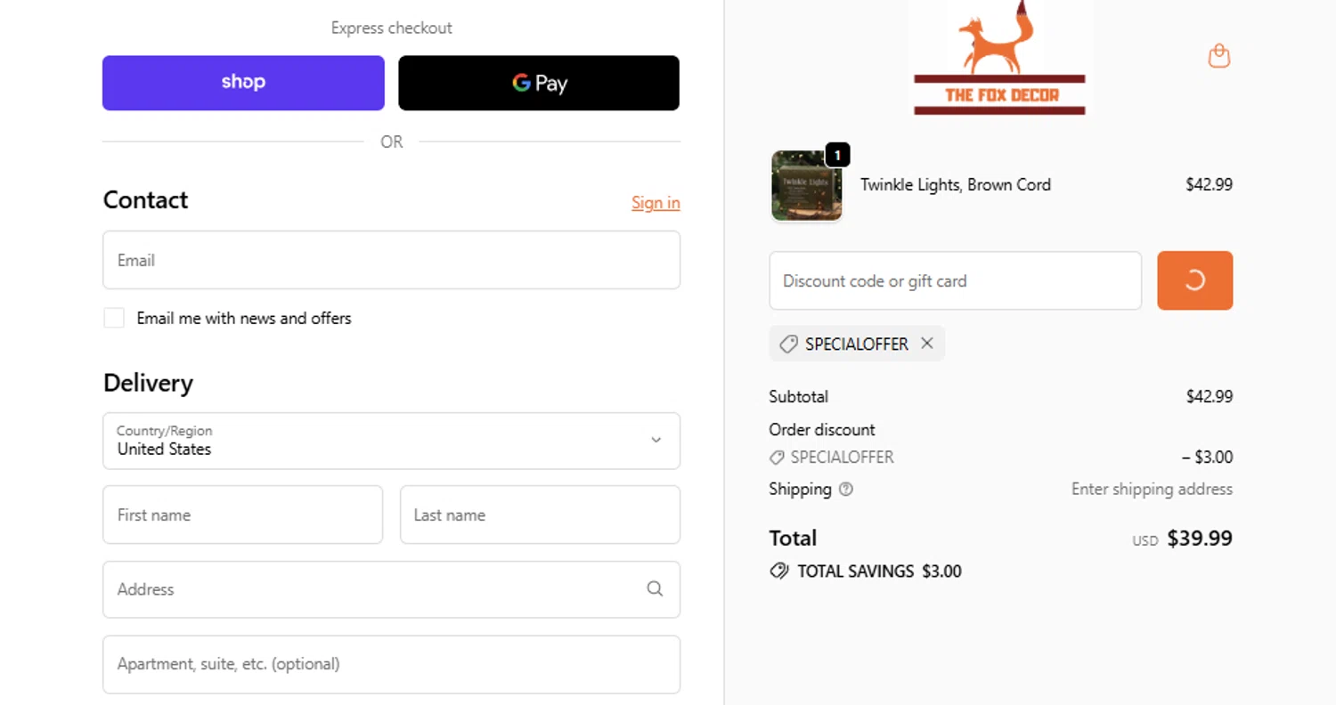 The Fox Decor promo code screenshot showing code SPECIALOFFER applied at The Fox Decor checkout page. Uploaded by SimplyCodes community member AGUILA57 on Jan 16, 2026