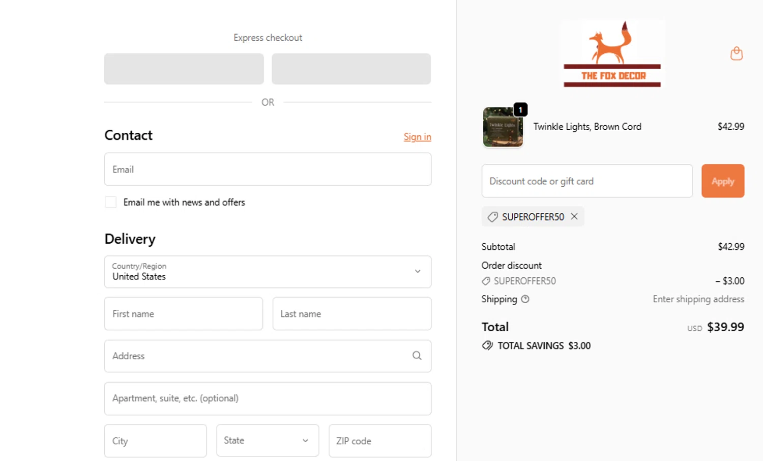 The Fox Decor promo code screenshot showing code SUPEROFFER50 applied at The Fox Decor checkout page. Uploaded by SimplyCodes community member AGUILA57 on Jan 16, 2026