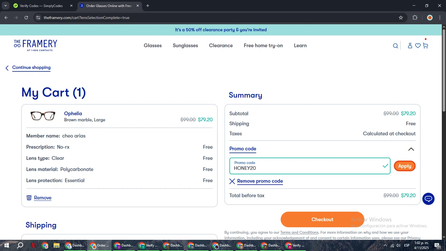 The Framery promo code screenshot showing code HONEY20 applied at The Framery checkout page. Uploaded by SimplyCodes community member BonusCaptain9927 on Nov 4, 2025