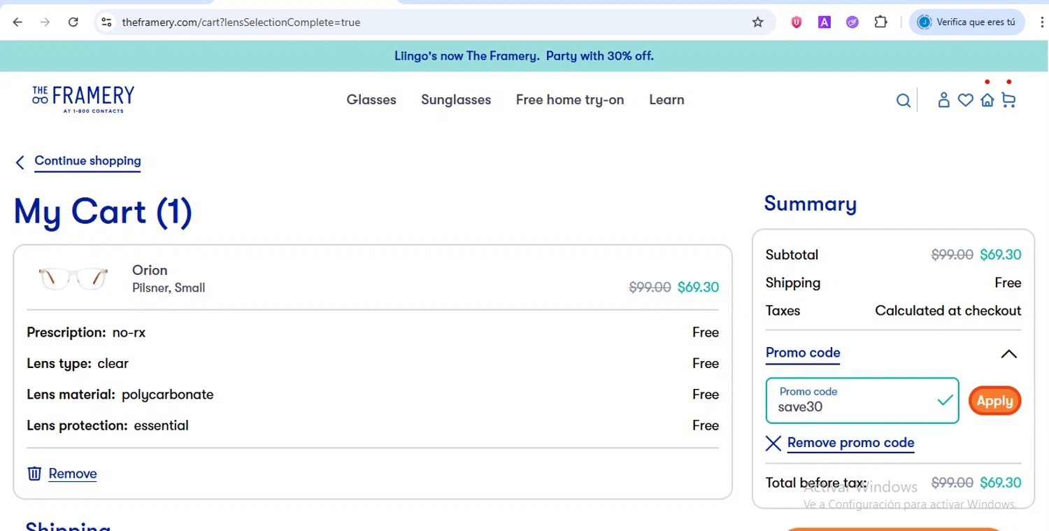 The Framery promo code screenshot showing code save30 applied at The Framery checkout page. Uploaded by SimplyCodes community member yhlmdlgn on Sep 8, 2025