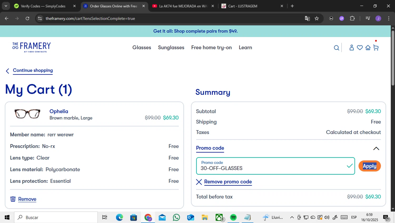 The Framery promo code screenshot showing code 30-OFF-GLASSES applied at The Framery checkout page. Uploaded by SimplyCodes community member ENCARAMESSI on Oct 16, 2025