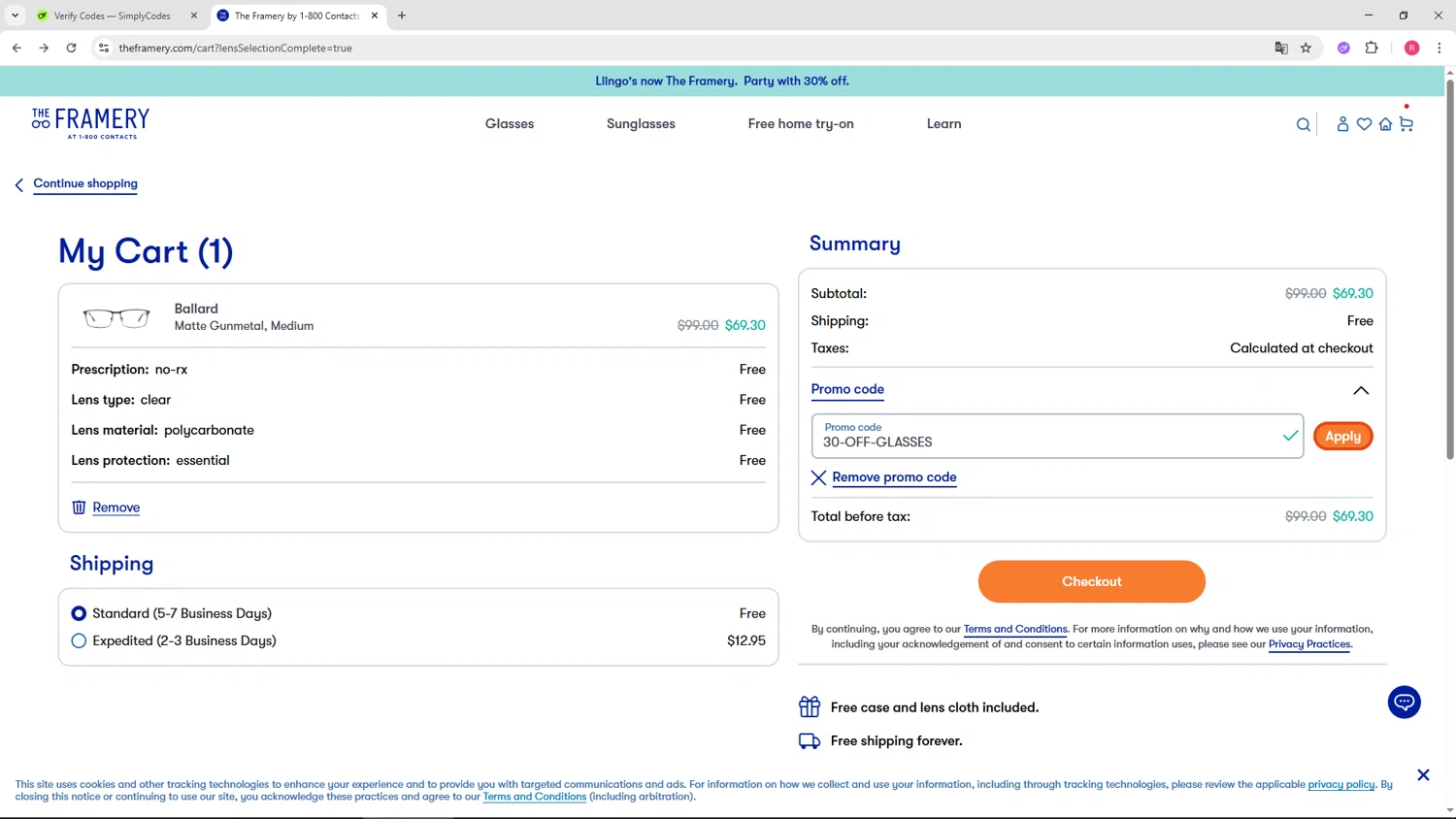 The Framery promo code screenshot showing code 30-OFF-GLASSES applied at The Framery checkout page. Uploaded by SimplyCodes community member TTTT55 on Jul 30, 2025