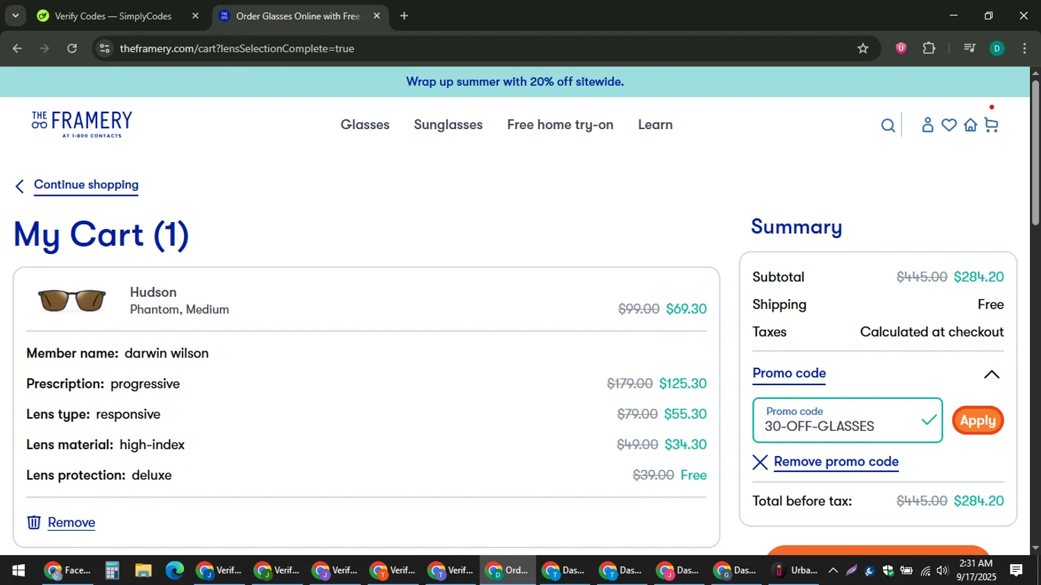 The Framery promo code screenshot showing code 30-OFF-GLASSES applied at The Framery checkout page. Uploaded by SimplyCodes community member ThriftyLion6776 on Sep 17, 2025