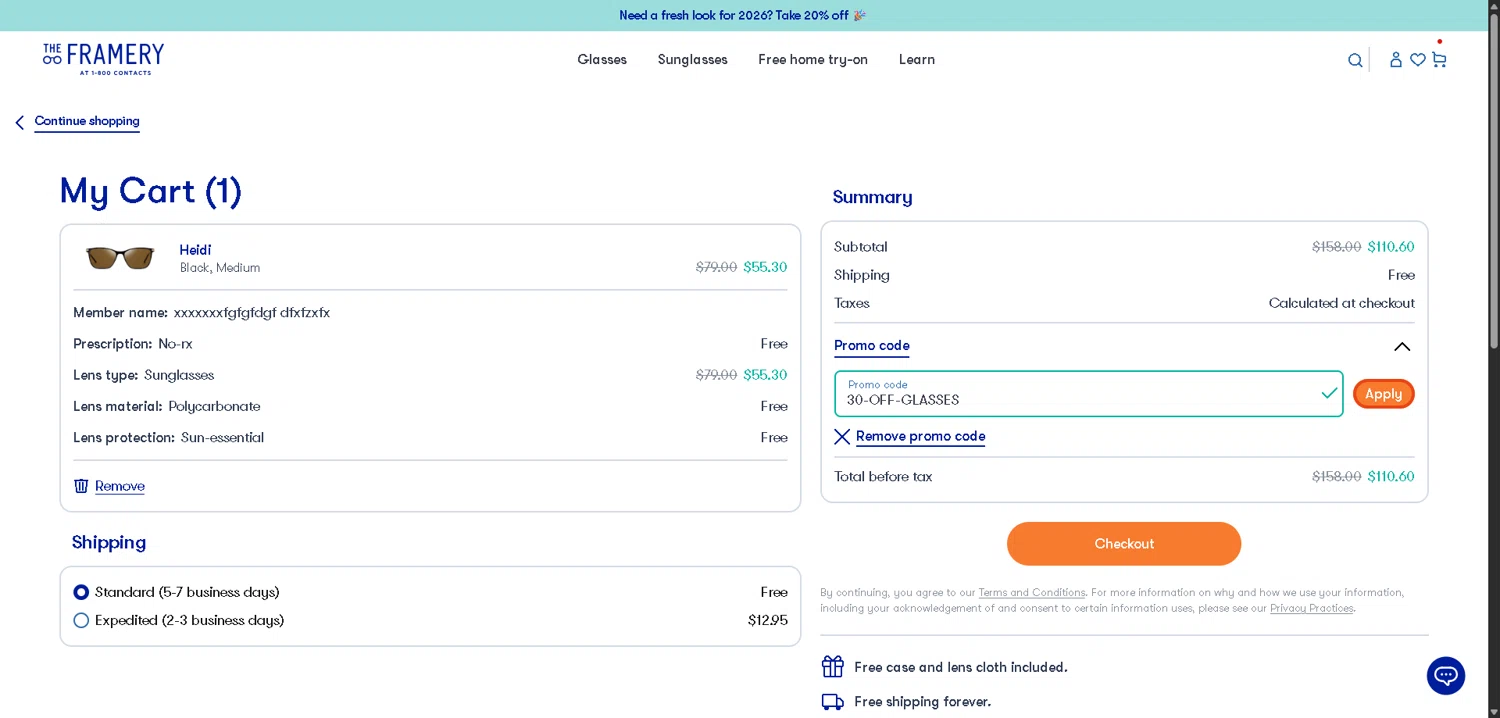 The Framery checkout page showing The Framery promo code box | Screenshot taken by SimplyCodes community member on Jan 27, 2026