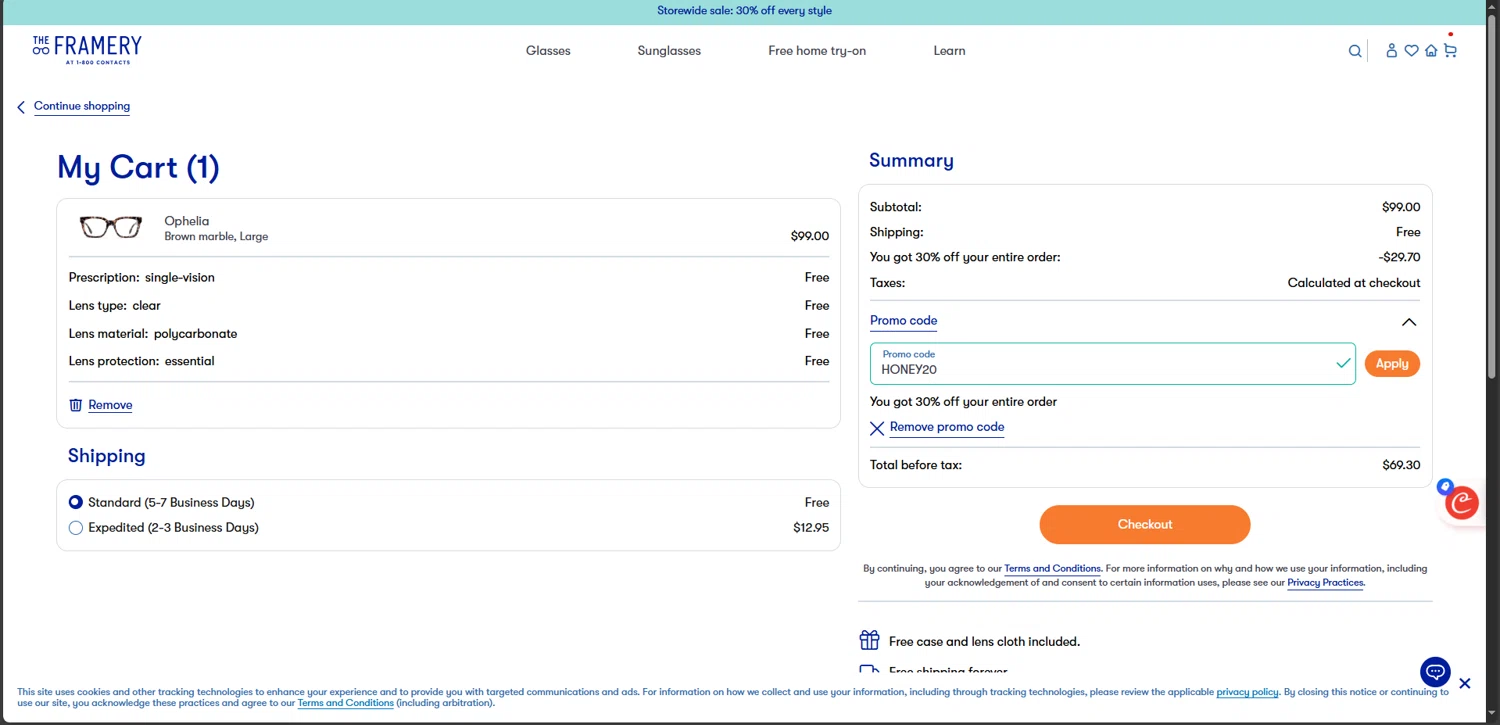 The Framery promo code screenshot showing code HONEY20 applied at The Framery checkout page. Uploaded by SimplyCodes community member NiceDeals on May 1, 2025