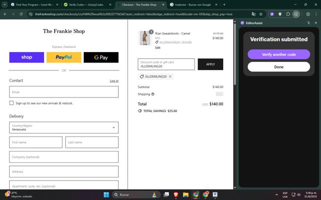 The Frankie Shop checkout page showing The Frankie Shop discount code box | Screenshot taken by SimplyCodes community member on Aug 31, 2025