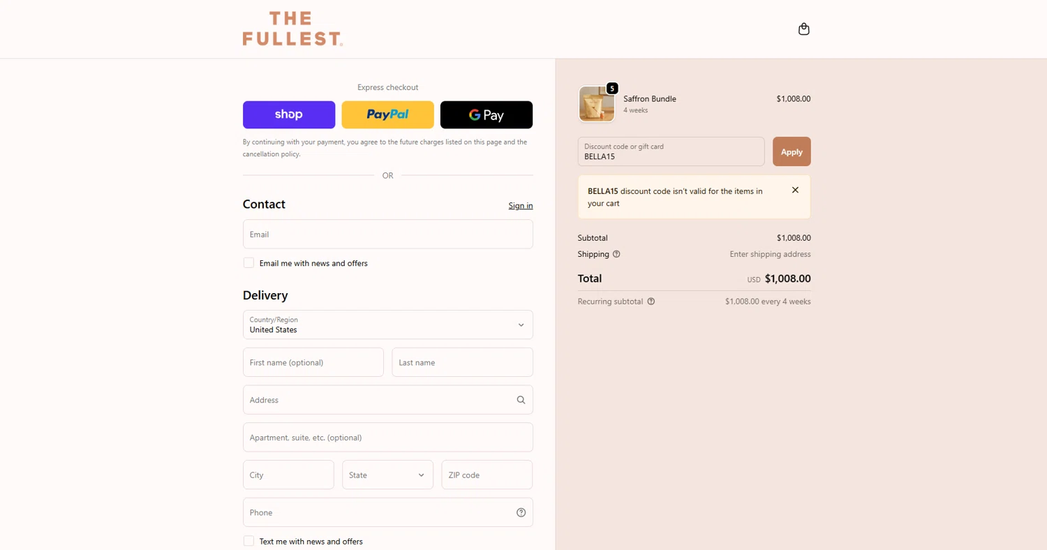 THE FULLEST discount code screenshot showing code BELLA15 applied at THE FULLEST checkout page. Uploaded by SimplyCodes community member JohnSimply on Oct 21, 2025