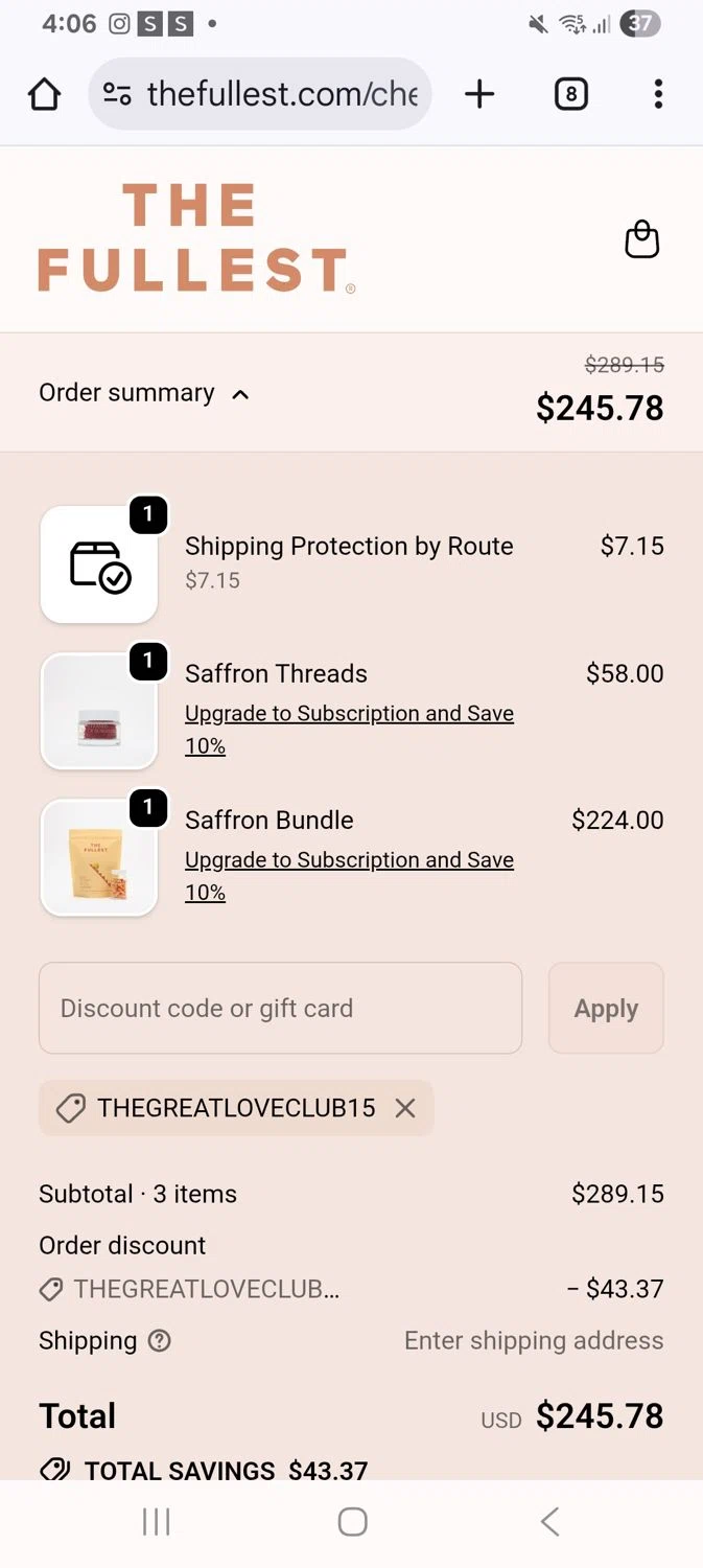 THE FULLEST discount code screenshot showing code Thegreatloveclub15 applied at THE FULLEST checkout page. Uploaded by SimplyCodes community member KarinaHZ on Dec 20, 2025