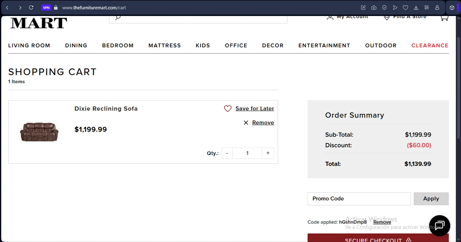 The Furniture Mart promo code screenshot showing code hGshnDmp8 applied at The Furniture Mart checkout page. Uploaded by SimplyCodes community member MagnificentAdmiral9096 on Sep 26, 2025