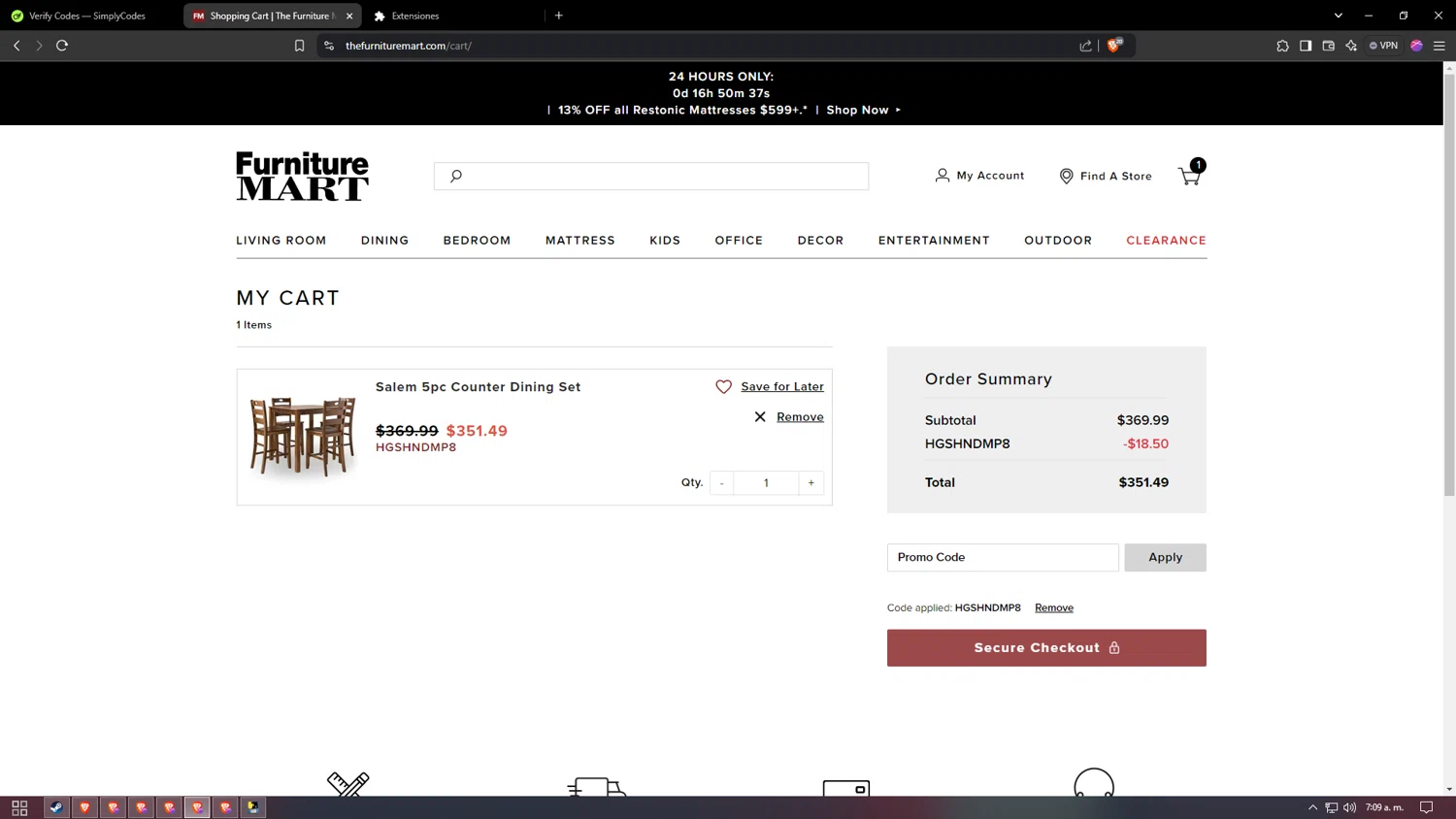 The Furniture Mart checkout page showing The Furniture Mart promo code box | Screenshot taken by SimplyCodes community member on Dec 13, 2024