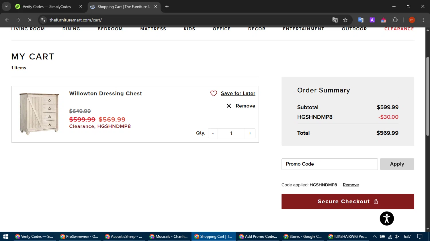 The Furniture Mart promo code screenshot showing code hGshnDmp8 applied at The Furniture Mart checkout page. Uploaded by SimplyCodes community member SmartFalcon9323 on Mar 10, 2025