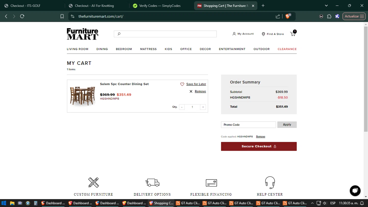 The Furniture Mart checkout page showing The Furniture Mart promo code box | Screenshot taken by SimplyCodes community member on Nov 14, 2024