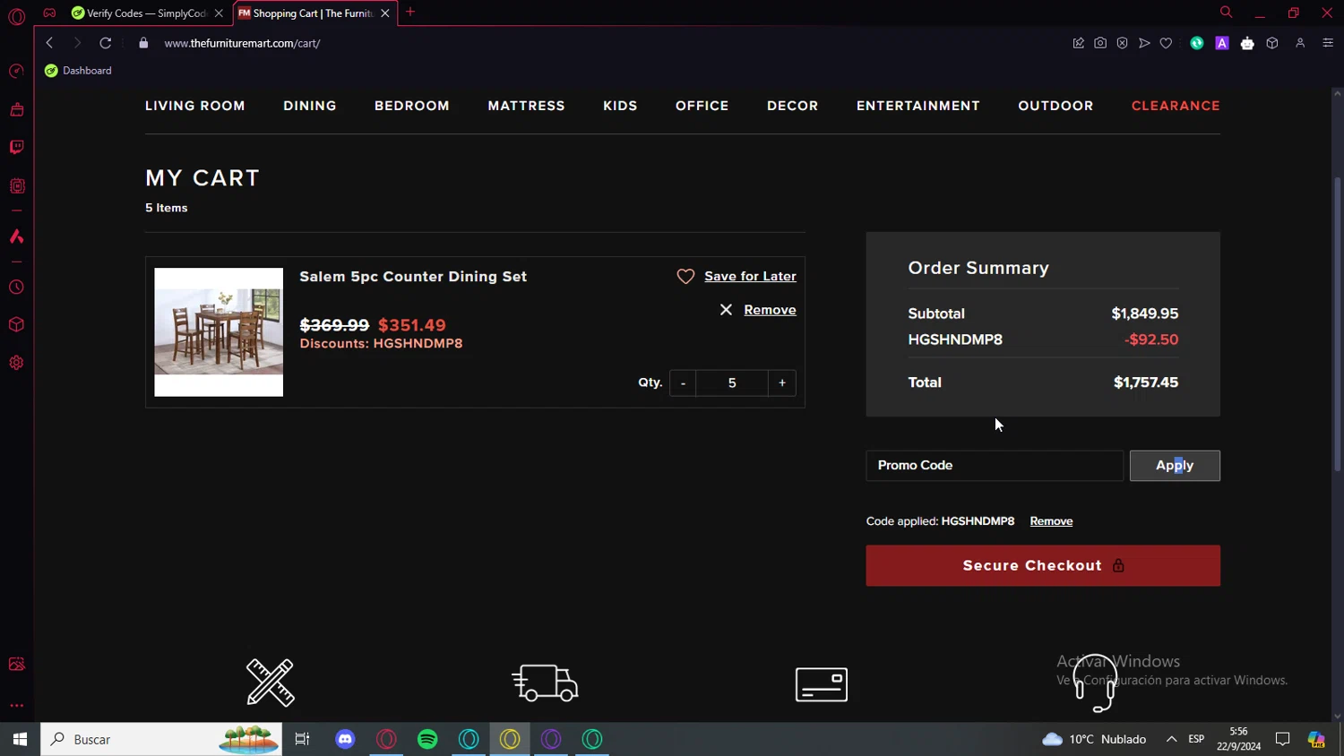 The Furniture Mart checkout page showing The Furniture Mart promo code box | Screenshot taken by SimplyCodes community member on Sep 22, 2024
