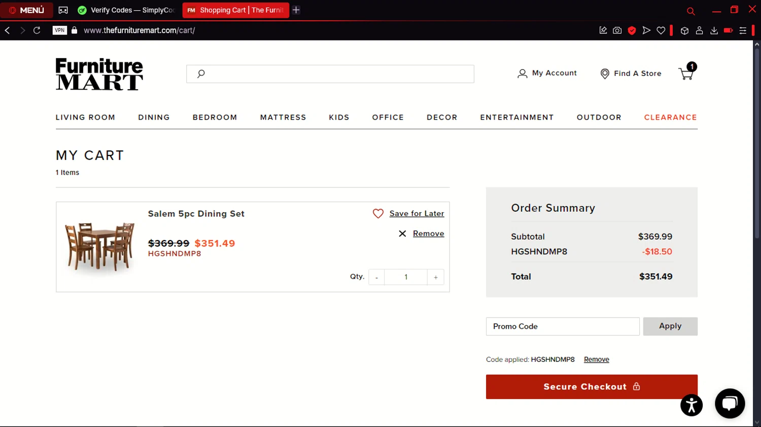 The Furniture Mart promo code screenshot showing code hGshnDmp8 applied at The Furniture Mart checkout page. Uploaded by SimplyCodes community member jdecxxx on Feb 9, 2025