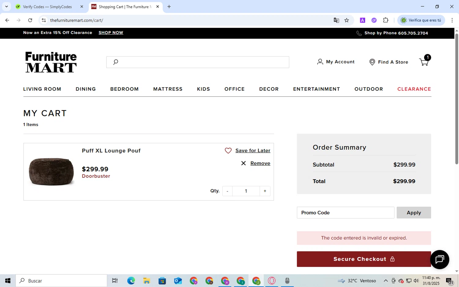 The Furniture Mart promo code screenshot showing code DOORBUSTERS applied at The Furniture Mart checkout page. Uploaded by SimplyCodes community member BukayoSaka on Aug 31, 2025